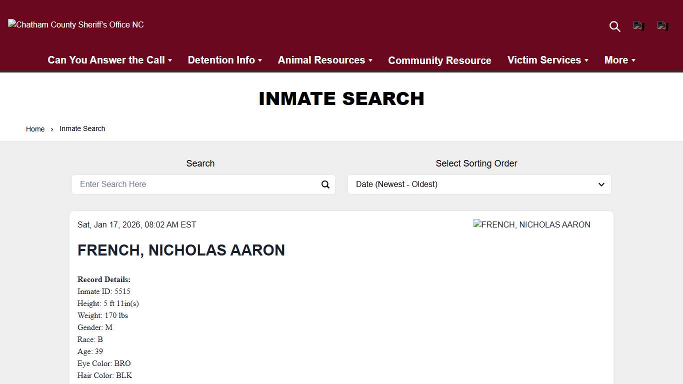 Inmate Search | Chatham County Sheriff’s Office NC